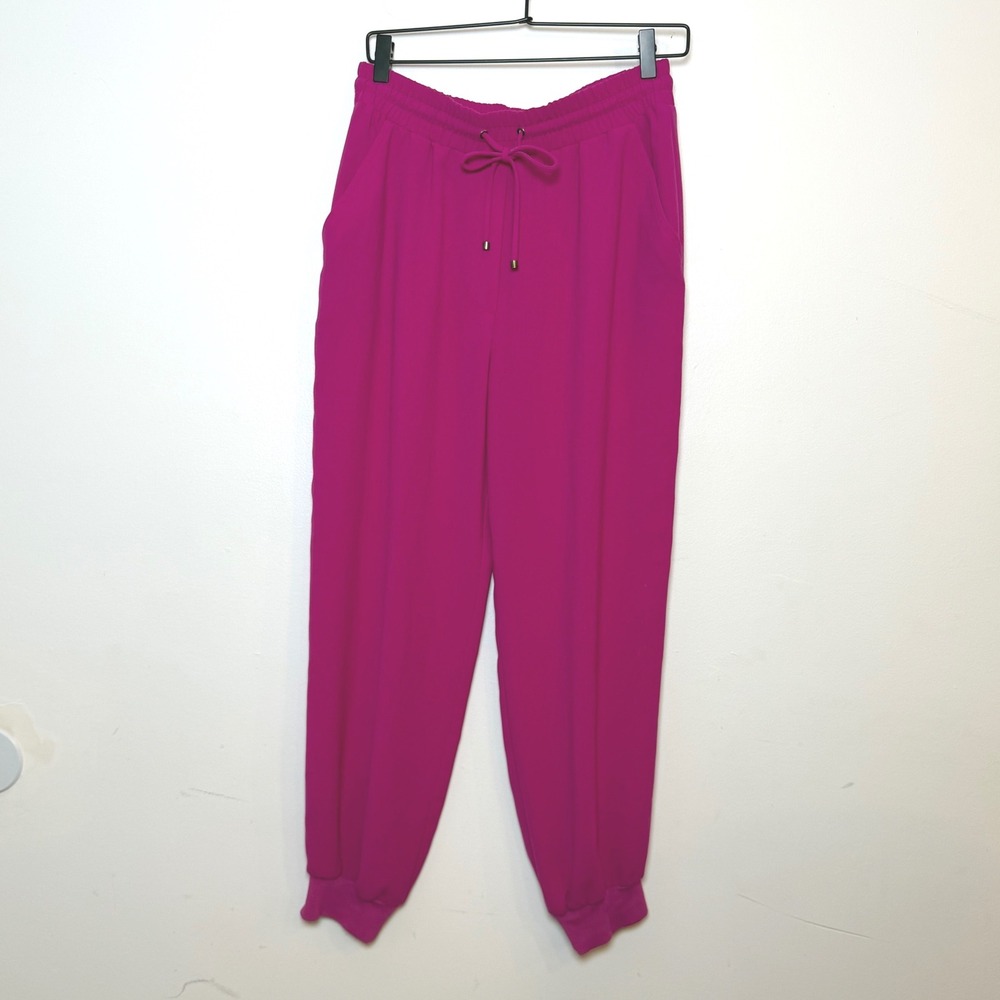 Trina Turk Golden Jogger Pants M Warm Magenta Pink Drawstring Ankle Crepe EUC